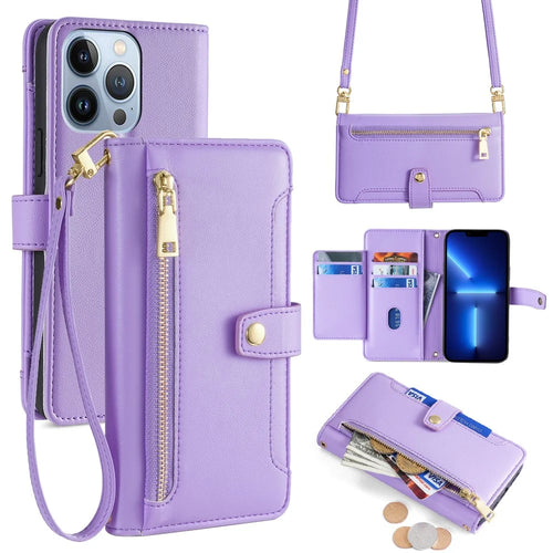 For iPhone 13 Pro 6.1 inch Cell Phone Case Zipper Pocket Wallet Anti-fall Leather Cover with 2 Straps - Purple - 1
