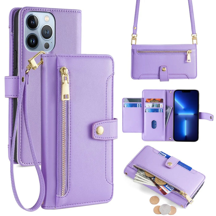For iPhone 13 Pro 6.1 inch Cell Phone Case Zipper Pocket Wallet Anti-fall Leather Cover with 2 Straps - Purple - 1