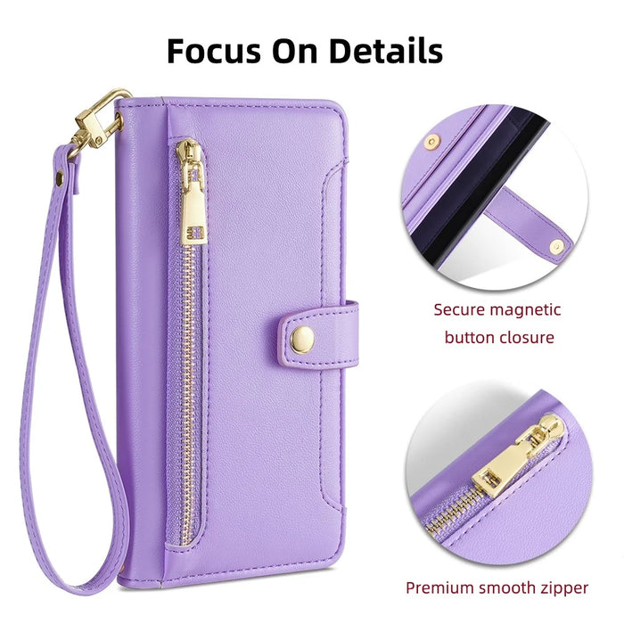 For iPhone 13 Pro 6.1 inch Cell Phone Case Zipper Pocket Wallet Anti-fall Leather Cover with 2 Straps - Purple - 5
