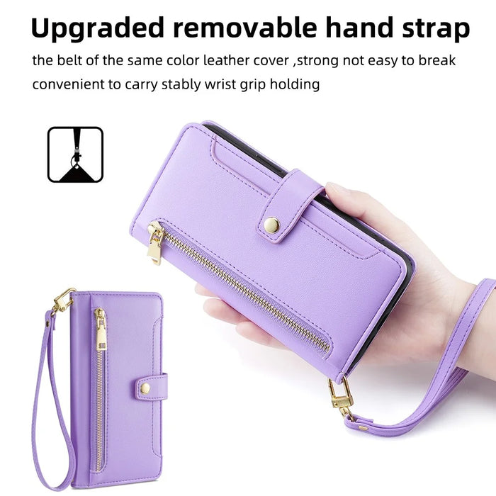 For iPhone 13 Pro 6.1 inch Cell Phone Case Zipper Pocket Wallet Anti-fall Leather Cover with 2 Straps - Purple - 7