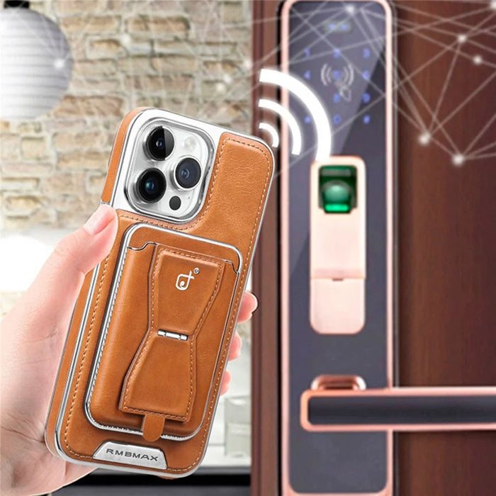 RMBMAX For iPhone 13 Pro 6.1 inch Leather Case Anti-drop Magnetic Card Slot Phone Cover - Orange - 4