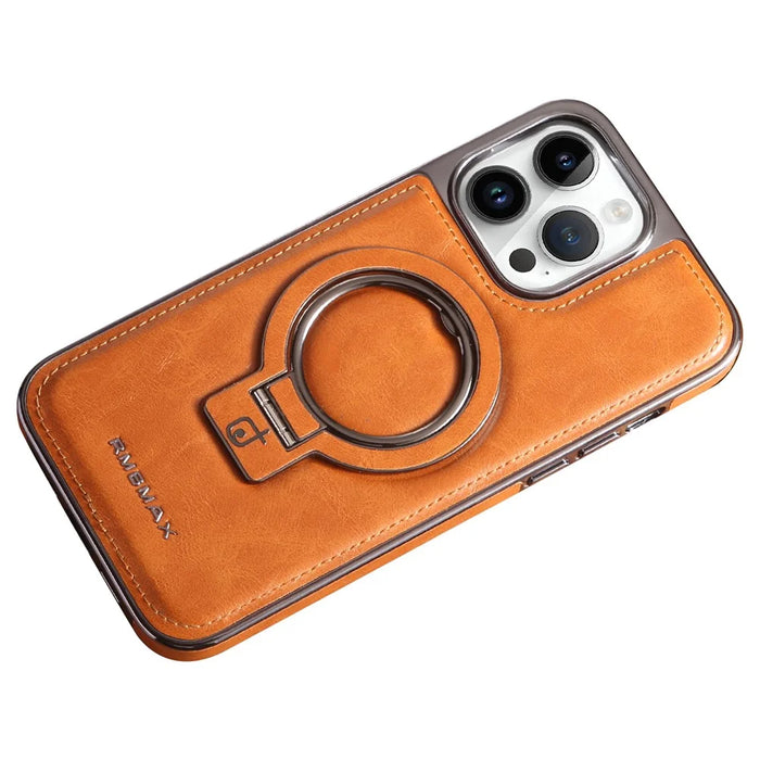 RMBMAX For iPhone 14 Pro Max Magnetic Case Electroplated Kickstand Phone Cover - Brown - 1