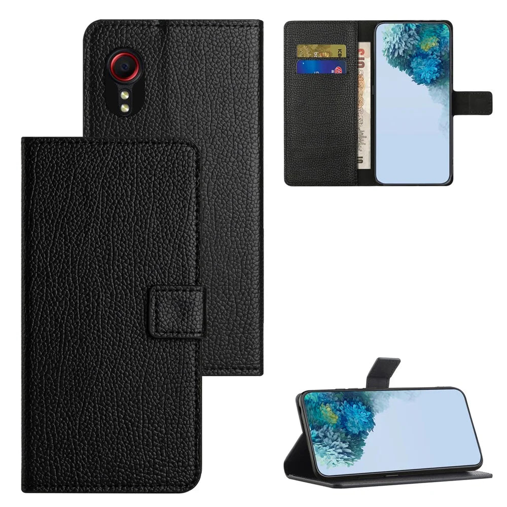 For Samsung Galaxy Xcover7 Cell Phone Case Litchi Texture PU Leather Wallet Stand Anti-drop Cover - Black - 6