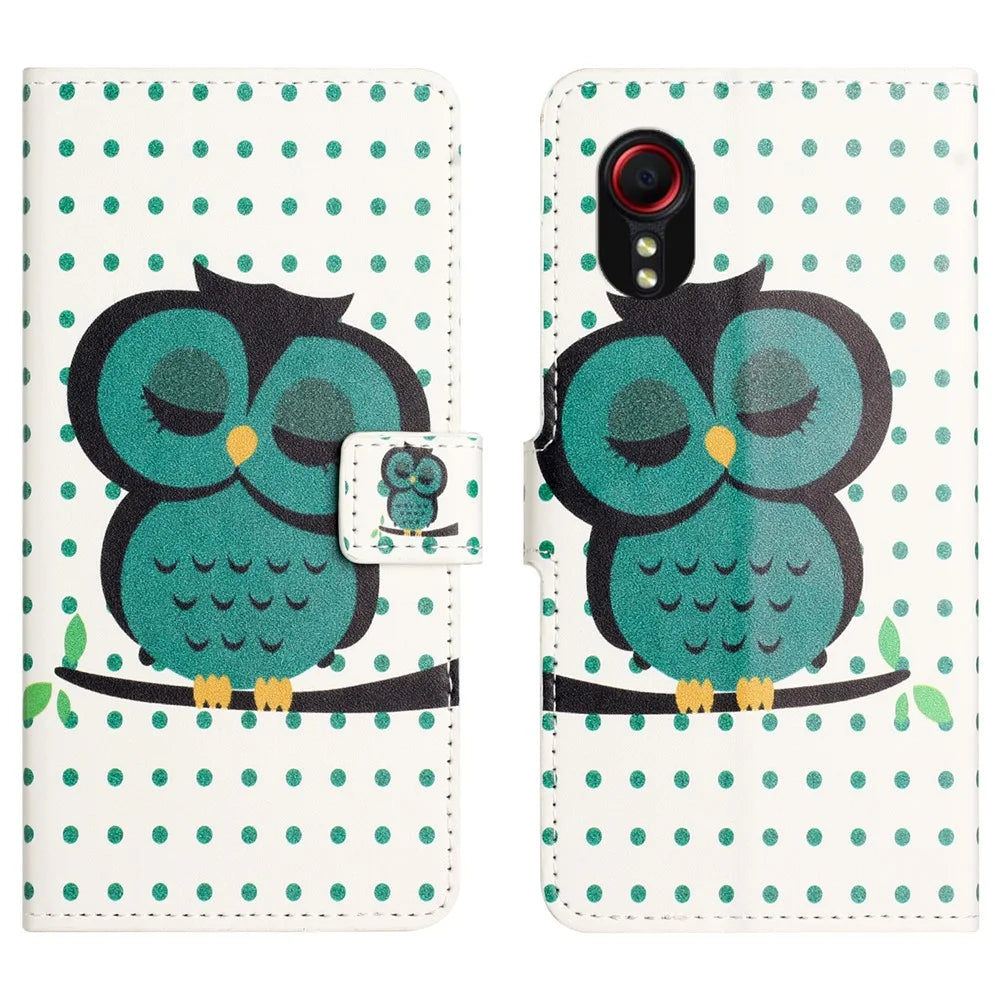 For Samsung Galaxy Xcover7 Case Leather Printed Pattern Phone Protective Cover - Dots  /  Owl - 1