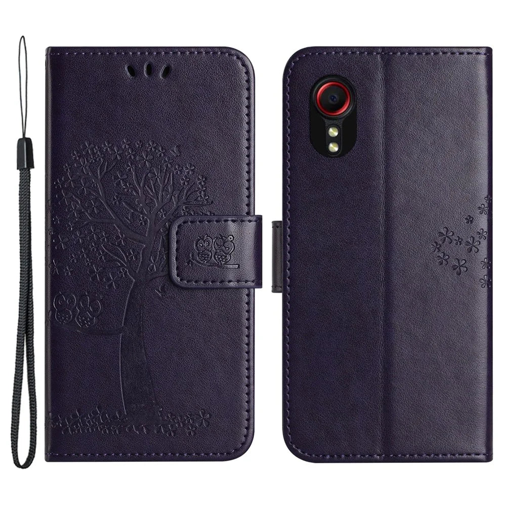 For Samsung Galaxy Xcover7 Cell Phone Case Owl Tree Imprinted Leather Folding Stand Cover - Dark Purple - 1