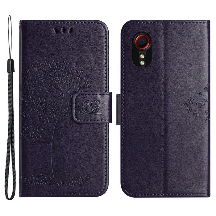 For Samsung Galaxy Xcover7 Cell Phone Case Owl Tree Imprinted Leather Folding Stand Cover - Dark Purple - 1