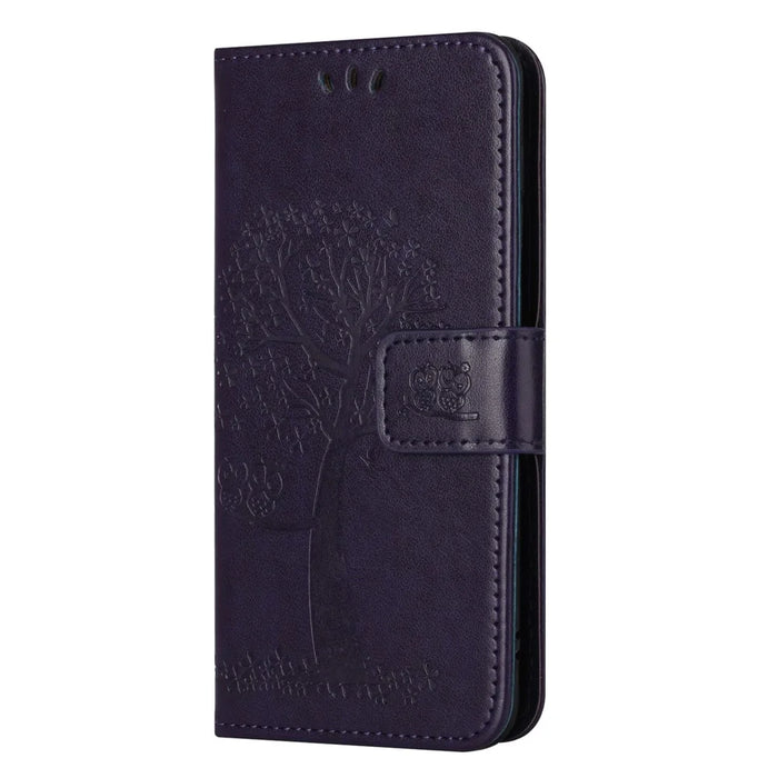 For Samsung Galaxy Xcover7 Cell Phone Case Owl Tree Imprinted Leather Folding Stand Cover - Dark Purple - 5