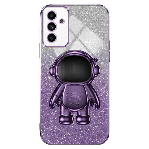 For Samsung Galaxy A14 5G / 4G Cell Phone Case Astronaut Kickstand Glitter PC+TPU Cover - Purple - 1