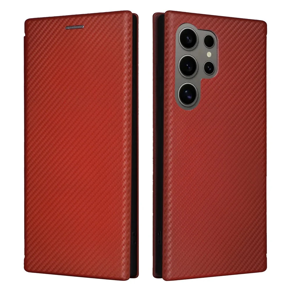For Samsung Galaxy S24 Ultra Case Carbon Fiber Texture Leather Cover with Card Slot - Brown - 1