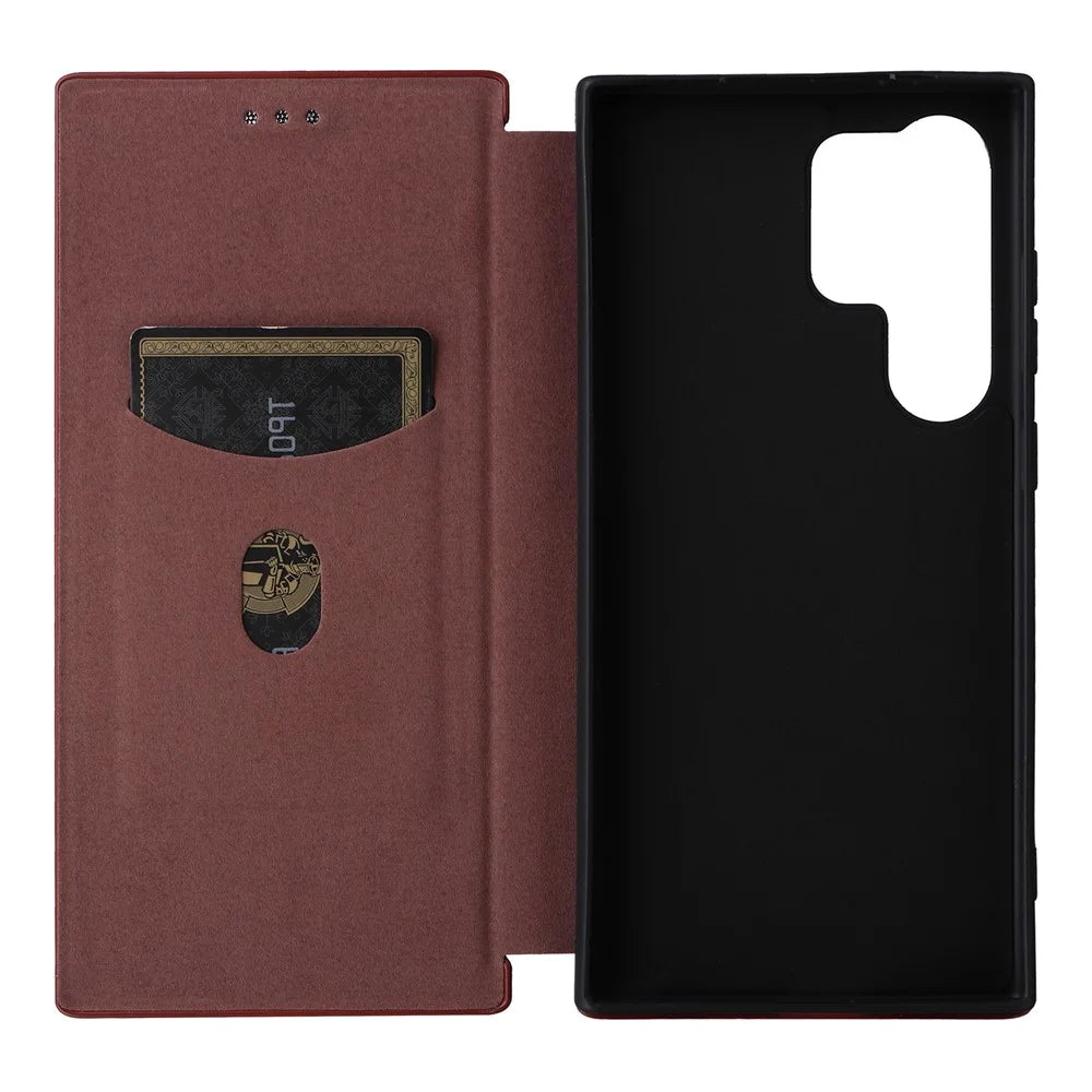 For Samsung Galaxy S24 Ultra Case Carbon Fiber Texture Leather Cover with Card Slot - Brown - 5