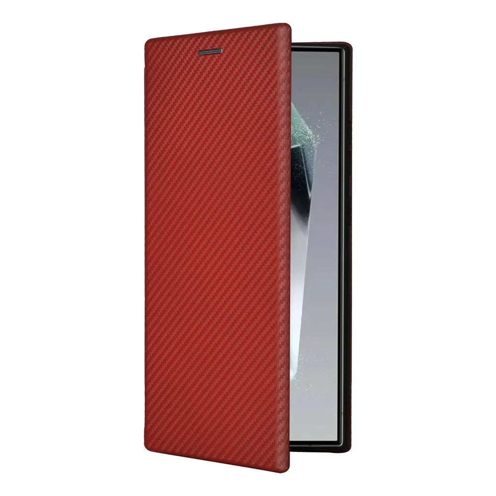 For Samsung Galaxy S24 Ultra Case Carbon Fiber Texture Leather Cover with Card Slot - Brown - 6