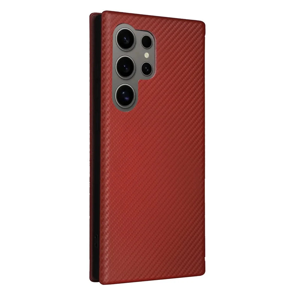 For Samsung Galaxy S24 Ultra Case Carbon Fiber Texture Leather Cover with Card Slot - Brown - 7
