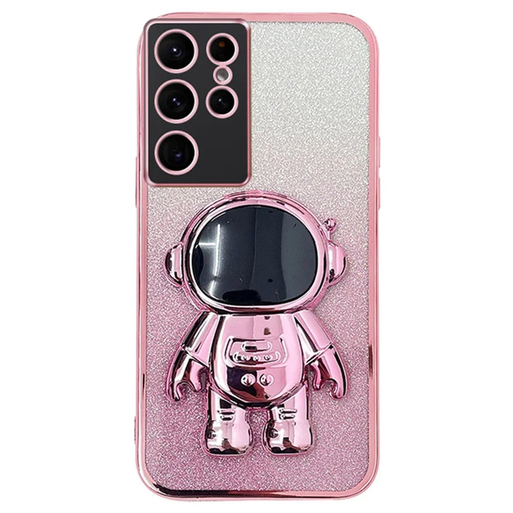 For Samsung Galaxy S23 Ultra Case Astronaut Kickstand Electroplating Glitter Cover - Pink - 1