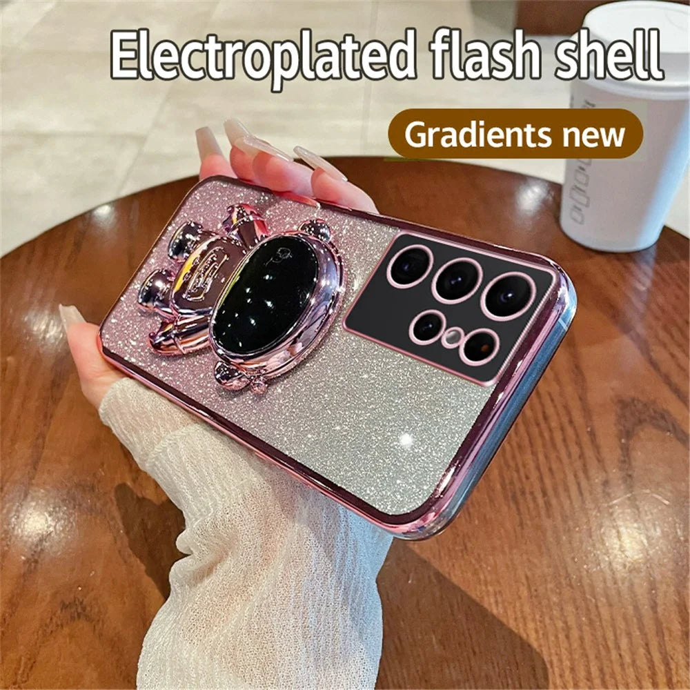 For Samsung Galaxy S23 Ultra Case Astronaut Kickstand Electroplating Glitter Cover - Pink - 2