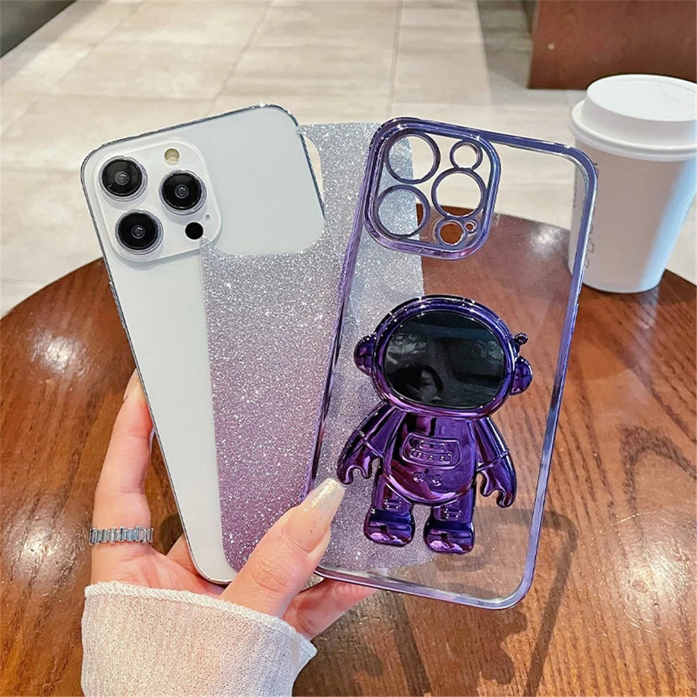 For Samsung Galaxy S23 Ultra Case Astronaut Kickstand Electroplating Glitter Cover - Pink - 3