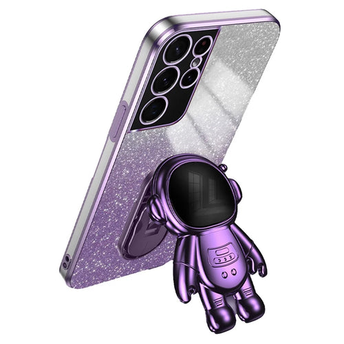 For Samsung Galaxy S21 Ultra 5G Case PC+TPU Anti-scratch Phone Cover with Astronaut Kickstand - Purple - 1