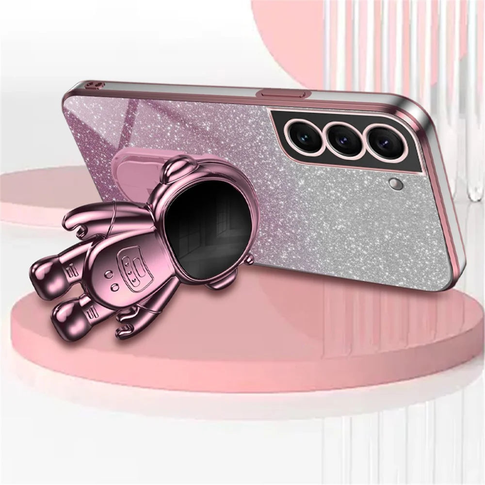For Samsung Galaxy S21 5G / 4G Anti-Collision Case PC+TPU Phone Cover with Astronaut Kickstand - Pink - 2