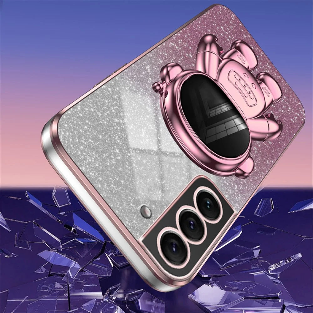 For Samsung Galaxy S21 FE 5G PC+TPU Case Anti-scratch Phone Cover with Astronaut Kickstand - Pink - 3