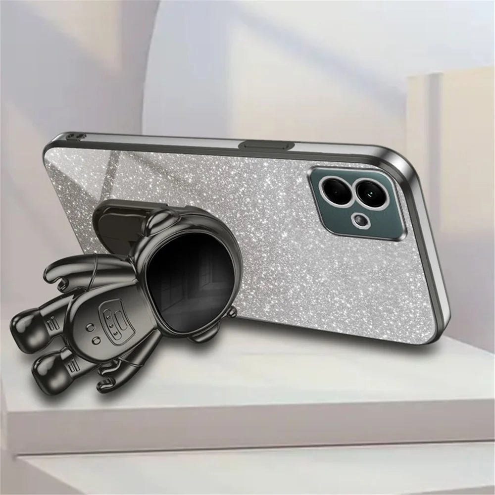 For Samsung Galaxy A04e 4G / F04 4G / M04 4G Phone Case Electroplated Cover with Astronaut Kickstand - Black - 4