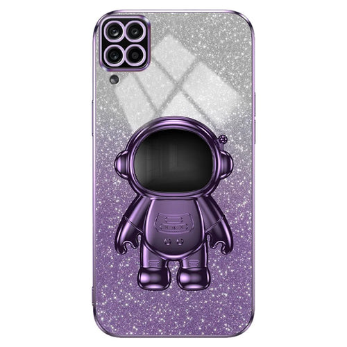 For Samsung Galaxy A12 Case Glitter Powder Astronaut Kickstand PC+TPU Phone Protective Cover - Purple - 1