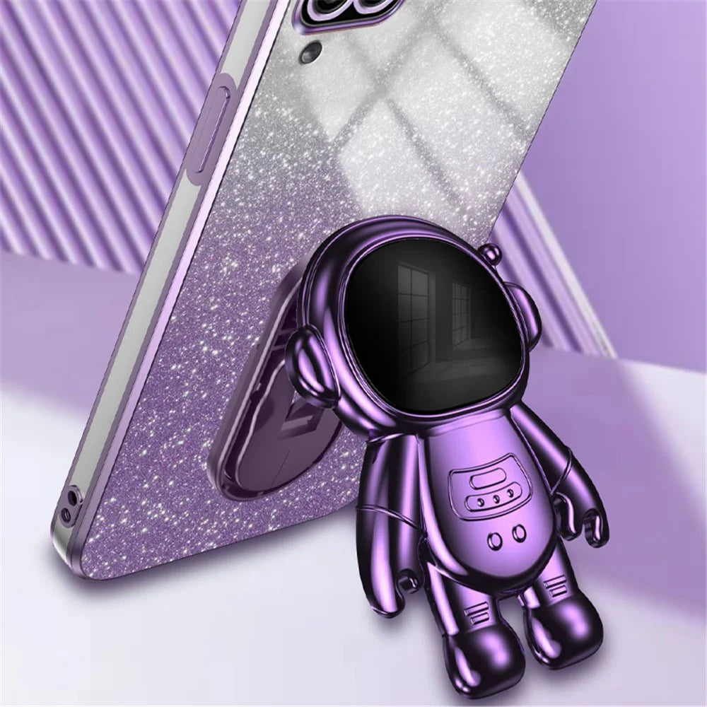 For Samsung Galaxy A12 Case Glitter Powder Astronaut Kickstand PC+TPU Phone Protective Cover - Purple - 3