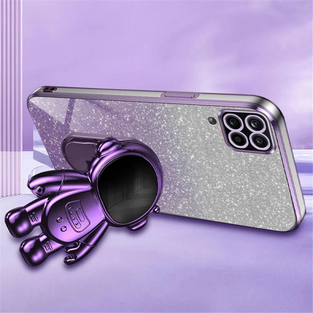 For Samsung Galaxy A12 Case Glitter Powder Astronaut Kickstand PC+TPU Phone Protective Cover - Purple - 4