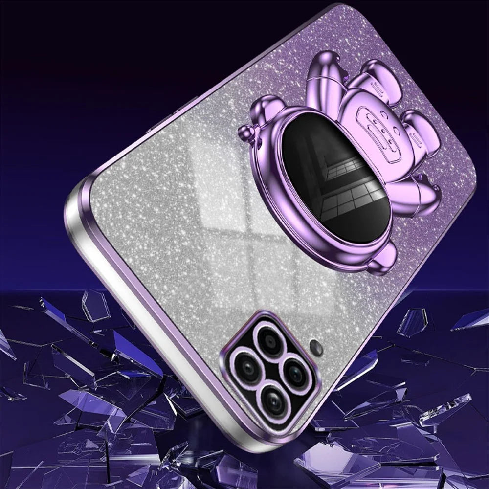 For Samsung Galaxy A12 Case Glitter Powder Astronaut Kickstand PC+TPU Phone Protective Cover - Purple - 5