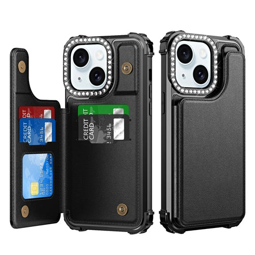 ZM15 For iPhone 15 Phone Case Rhinestone Decor Card Slots Phone Cover  - Black - 1