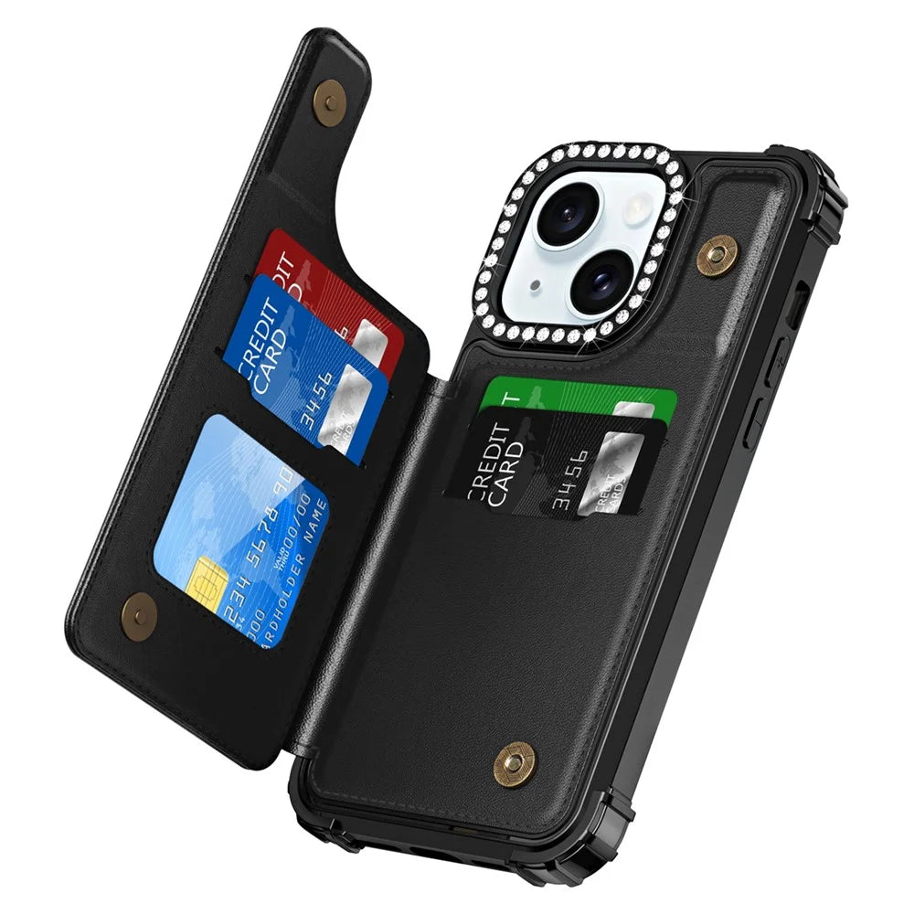 ZM15 For iPhone 15 Phone Case Rhinestone Decor Card Slots Phone Cover  - Black - 2