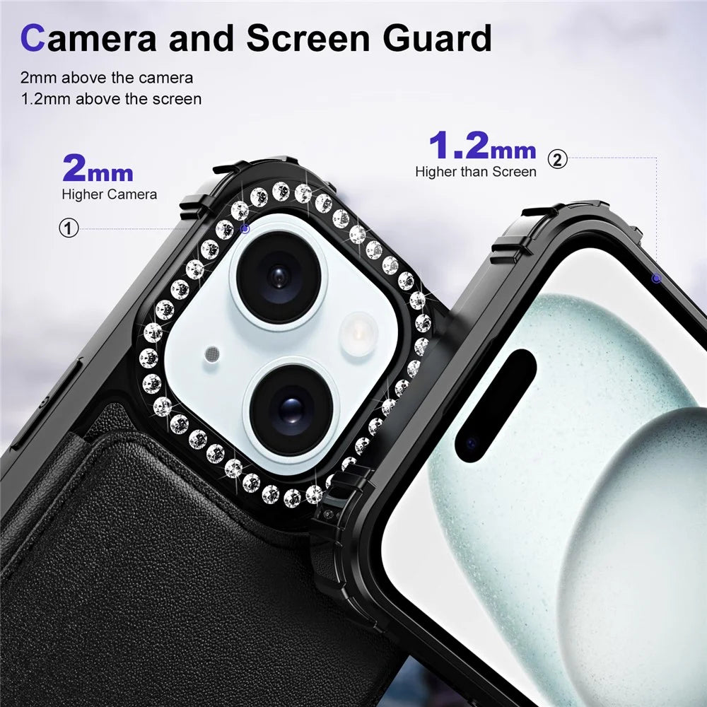 ZM15 For iPhone 15 Phone Case Rhinestone Decor Card Slots Phone Cover  - Black - 4
