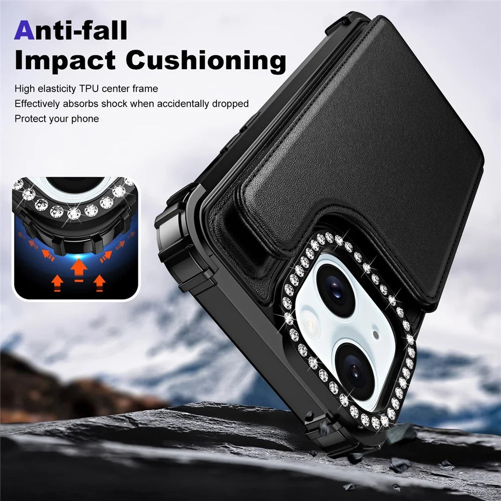 ZM15 For iPhone 15 Phone Case Rhinestone Decor Card Slots Phone Cover  - Black - 5
