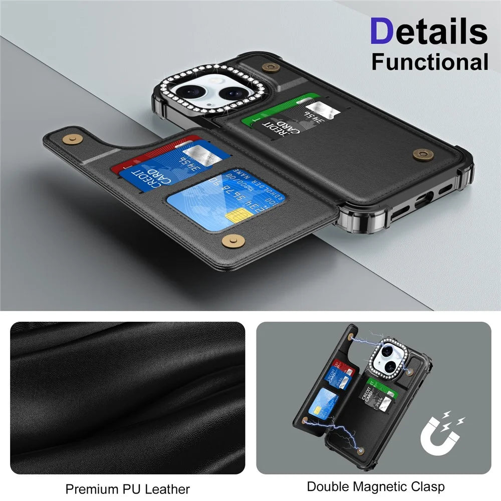 ZM15 For iPhone 15 Phone Case Rhinestone Decor Card Slots Phone Cover  - Black - 6