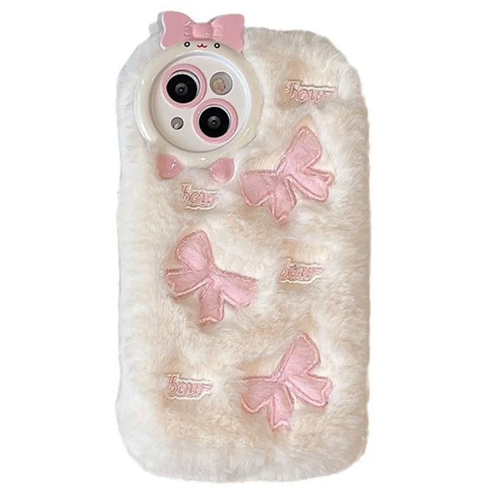 For iPhone 15 Plus Case Shockproof Plush Cute Bowknot Embroidery Silicone Cover - White - 1