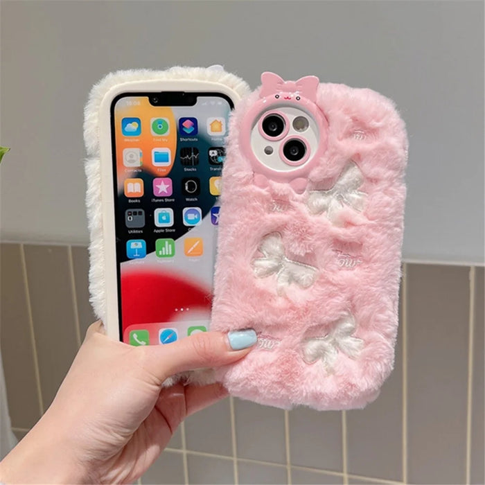 For iPhone 15 Plus Case Shockproof Plush Cute Bowknot Embroidery Silicone Cover - White - 4