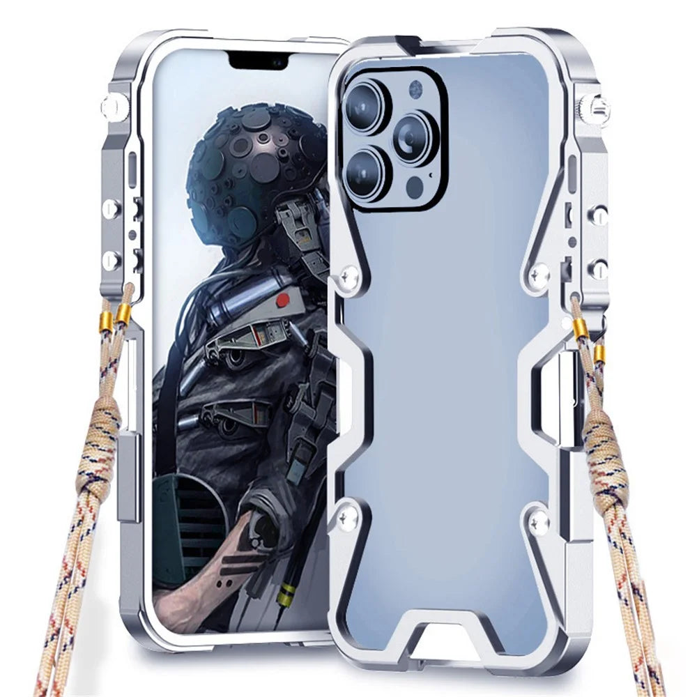 For iPhone 13 Pro Max 6.7 inch Protective Case Aluminium Alloy Metal Phone Cover with Strap - Silver - 1