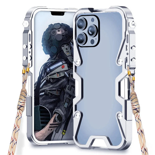 For iPhone 12 Pro Max 6.7 inch Metal Case Aluminium Alloy Slim Phone Cover with Strap - Silver - 1