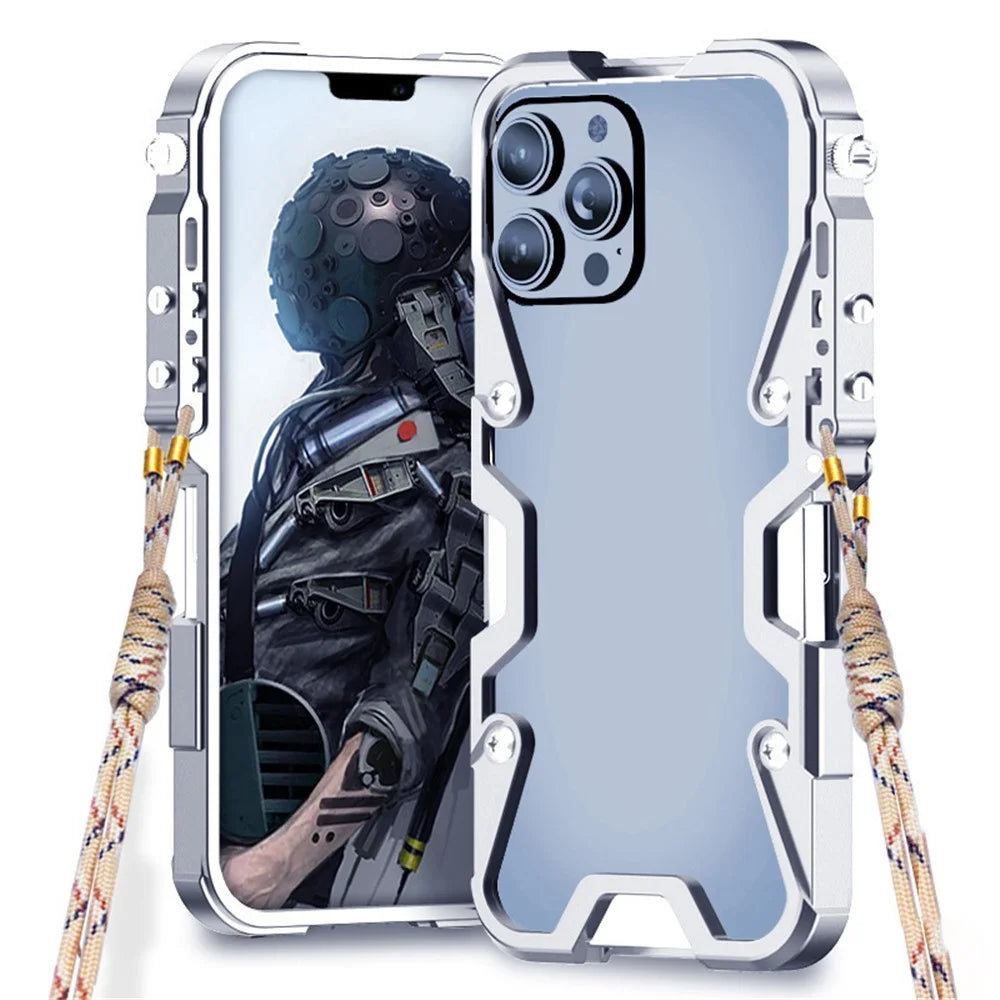 For iPhone 12 Pro Max 6.7 inch Metal Case Aluminium Alloy Slim Phone Cover with Strap - Silver - 1