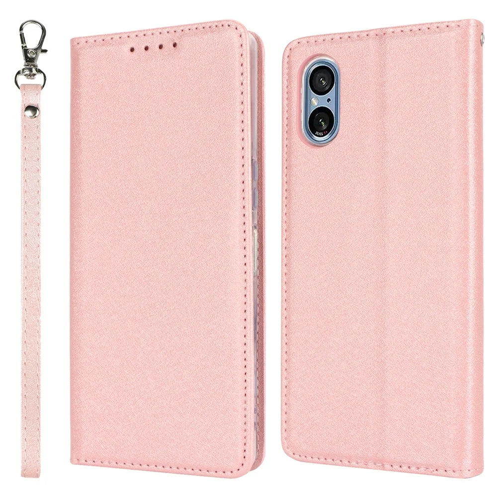 For Sony Xperia 5 V Phone Case Silk Texture Stand TPU + PU Leather Cover Wallet - Rose Gold - 1