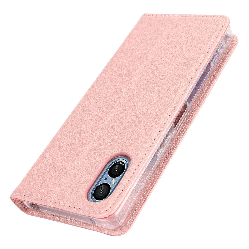For Sony Xperia 5 V Phone Case Silk Texture Stand TPU + PU Leather Cover Wallet - Rose Gold - 5