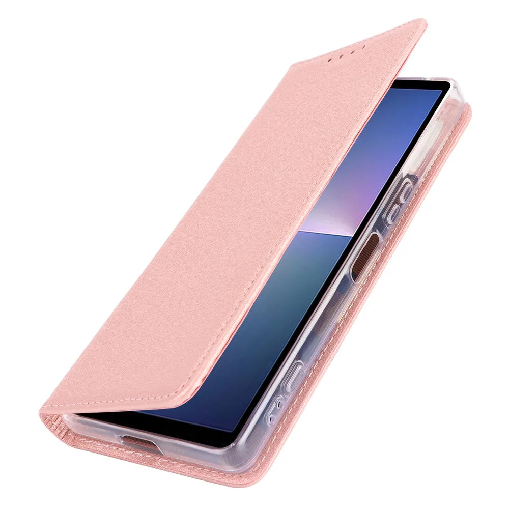 For Sony Xperia 5 V Phone Case Silk Texture Stand TPU + PU Leather Cover Wallet - Rose Gold - 6