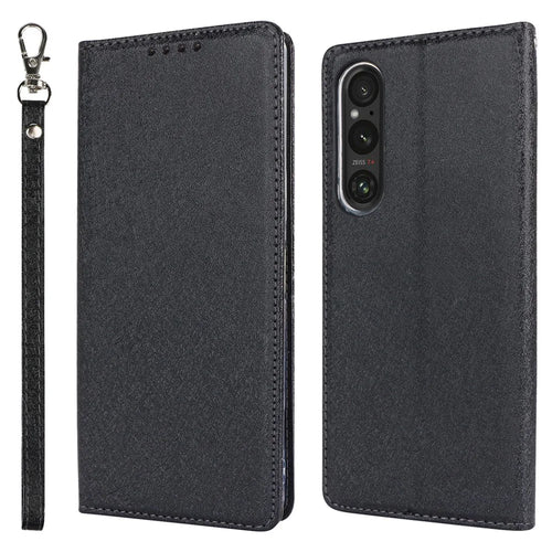 PU Leather Phone Shell for Sony Xperia 1 V Silk Texture Stand Wallet Phone Case Cover - Black - 1