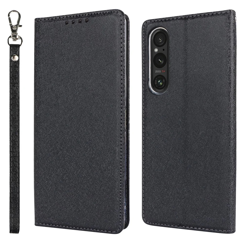 PU Leather Phone Shell for Sony Xperia 1 V Silk Texture Stand Wallet Phone Case Cover - Black - 1