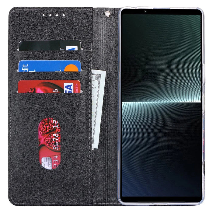 PU Leather Phone Shell for Sony Xperia 1 V Silk Texture Stand Wallet Phone Case Cover - Black - 2