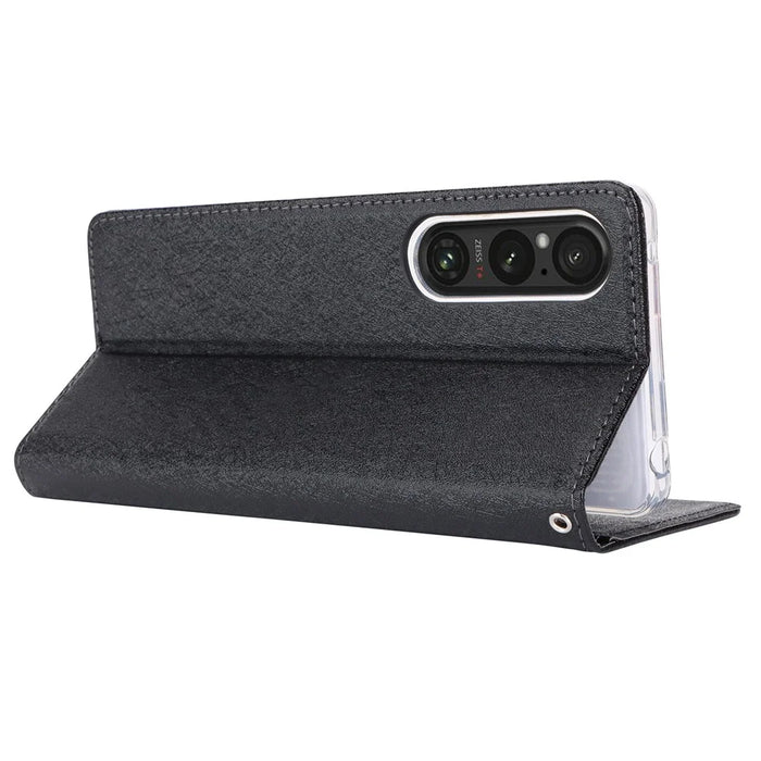 PU Leather Phone Shell for Sony Xperia 1 V Silk Texture Stand Wallet Phone Case Cover - Black - 3