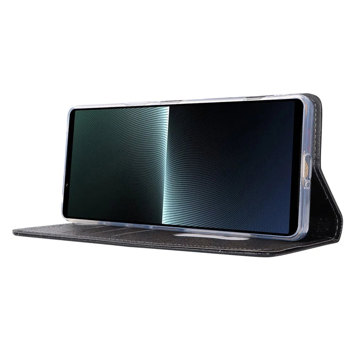 PU Leather Phone Shell for Sony Xperia 1 V Silk Texture Stand Wallet Phone Case Cover - Black - 4