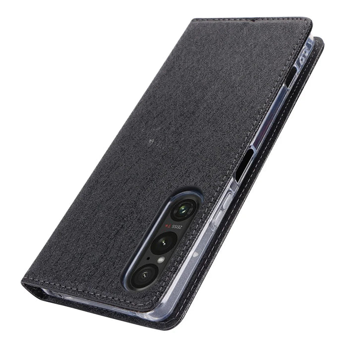 PU Leather Phone Shell for Sony Xperia 1 V Silk Texture Stand Wallet Phone Case Cover - Black - 5