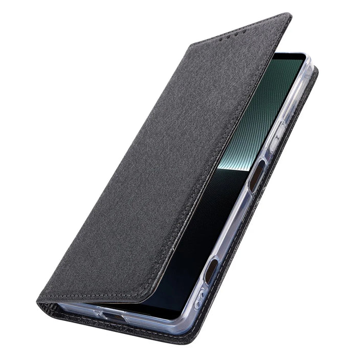 PU Leather Phone Shell for Sony Xperia 1 V Silk Texture Stand Wallet Phone Case Cover - Black - 6
