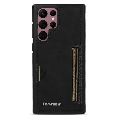 FORWENW F5 Series For Samsung Galaxy S24 Ultra Smartphone Case PU Leather+TPU Card Holder Back Cover - Black - 1