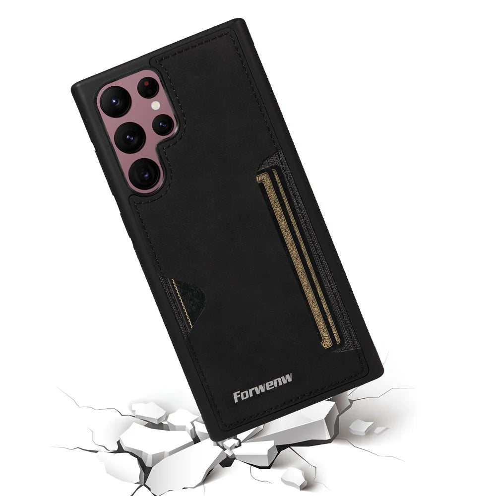 FORWENW F5 Series For Samsung Galaxy S24 Ultra Smartphone Case PU Leather+TPU Card Holder Back Cover - Black - 3