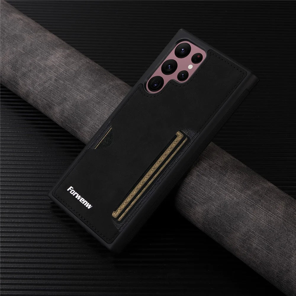FORWENW F5 Series For Samsung Galaxy S24 Ultra Smartphone Case PU Leather+TPU Card Holder Back Cover - Black - 6